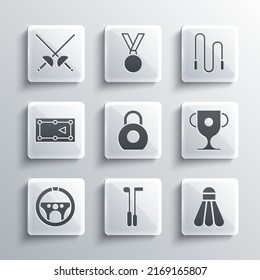 Set Golf club, Badminton shuttlecock, Award cup, Kettlebell, Steering wheel, Billiard table, Fencing and Jump rope icon. Vector