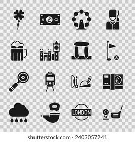 Set Golf club with ball on tee, Pound sterling money, flag, London eye, Big Ben tower, Wooden beer mug, Four leaf clover and Stonehenge icon. Vector