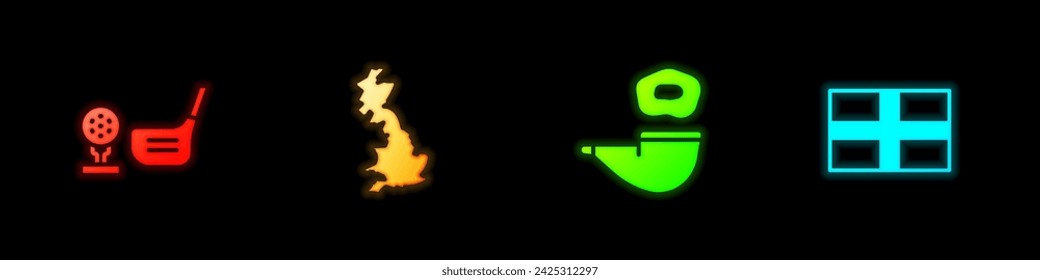 Set Golf club with ball on tee, England map, Smoking pipe and Flag of icon. Vector