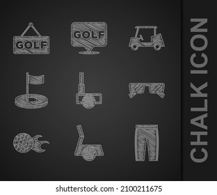 Set Golf club with ball, pants, Glasses, hole flag, car and label icon. Vector