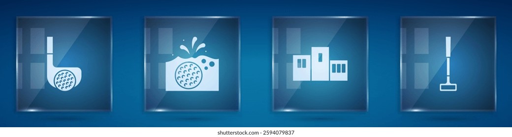 Set Golf club with ball, in water, Award over sports winner podium and . Square glass panels. Vector