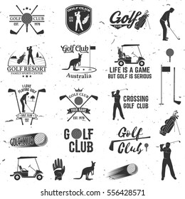 Set of Golf club concept with golfer silhouette and design elements. Vector golfing club retro badge. Concept for shirt, print, seal or stamp. Typography design.