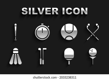 Set Golf club, Ice hockey sticks, ball on tee, Racket for playing table tennis, Badminton shuttlecock, Tennis, Baseball bat and Stopwatch icon. Vector