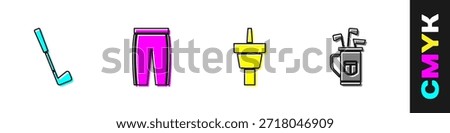 Set Golf club, pants, tee and bag with clubs icon. Vector