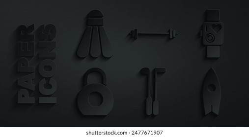 Set Golf club, Smart watch showing heart beat rate, Kettlebell, Surfboard, Barbell and Badminton shuttlecock icon. Vector