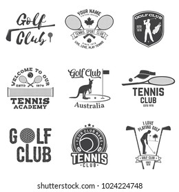 Set of Golf club, Tennis club concept with golfer and tennis player silhouette. Vector golfing and tennis club retro badge. Concept for shirt, print, seal or stamp. Typography design.