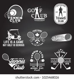 Set of Golf club, Tennis club concept with golfer and tennis player silhouette. Vector golfing and tennis club retro badge. Concept for shirt, print, seal or stamp. Typography design on the chalkboard