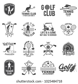 Set of Golf club, Tennis club concept with golfer and tennis player silhouette. Vector golfing and tennis club retro badge. Concept for shirt, print, seal or stamp. Typography design