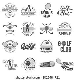 Set of Golf club, Tennis club concept with golfer and tennis player silhouette. Vector golfing and tennis club retro badge. Concept for shirt, print, seal or stamp. Typography design