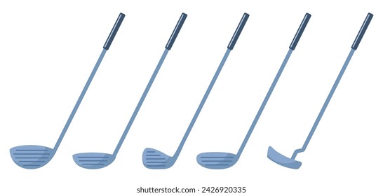 Set of golf clubs for different shots and shapes. Golfer sports equipment. Active lifestyle. Vector illustration