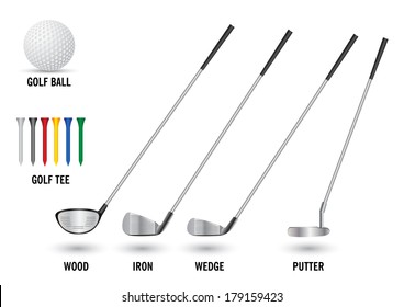 set of golf clubs tee and ball isolate on white background vector illustration