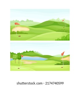 Set of golf course with green lawn, pond, sand bunker and red flags vector illustration