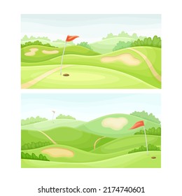 Set of golf course with green lawn, sand bunker and red flags vector illustration