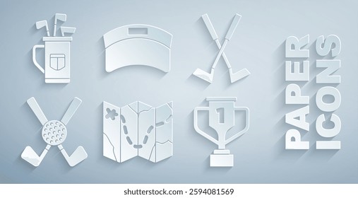 Set Golf course layout, Crossed golf club, with ball, Award cup, Sun visor cap and bag clubs icon. Vector