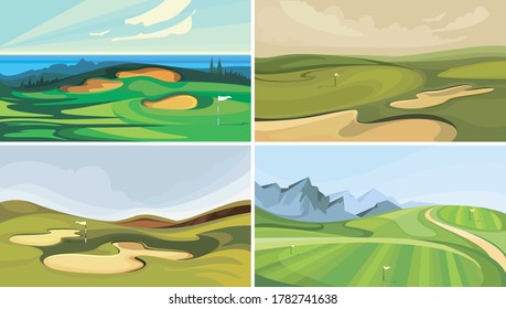 Set of golf courses. Sport fields in cartoon style.