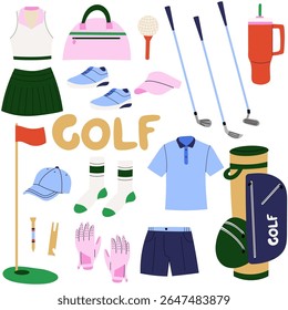 Conjunto de equipamento de golfe e vestuário. Ilustração de artigos de golfe, incluindo tacos, bolsas, sapatos, roupas, luvas, bonés, meias, bola e acessórios. Perfeito para projetos com temas esportivos, publicidade.