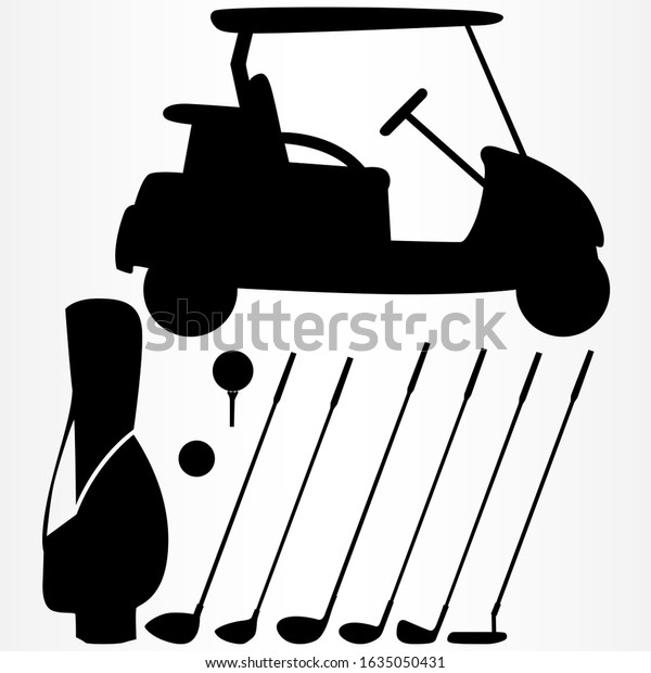 Set of Golf\
equipment. Golf car with a bag for clubs. Set of clubs for\
different holes. Vector\
illustration.