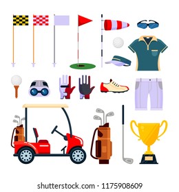 Set of golf equipment icon logo in flat style isolated on white background. Clothes and accessories for golfing, sport game. Icons collection for golf club, championship, course and school.