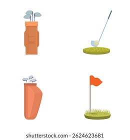 Set of golf equipment icons for sports, leisure, and recreational activities with clubs, balls, tees, bags, flags, and more on a white background vector illustration