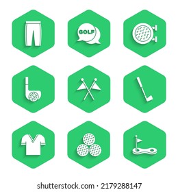 Set Golf flag, ball, hole with, club, shirt, sport and pants icon. Vector