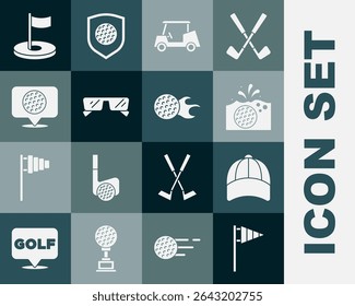 Set Golf flag, Baseball cap, in water, car, Glasses, label, hole with and  icon. Vector