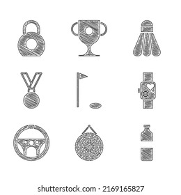 Set Golf flag, Classic dart board, Bottle of water, Smart watch showing heart beat rate, Steering wheel, Medal, Badminton shuttlecock and Kettlebell icon. Vector