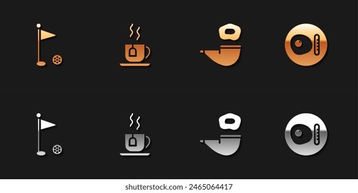 Set Golf flag, Cup of tea with tea bag, Smoking pipe and British breakfast icon. Vector