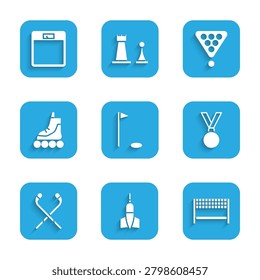 Set Golf flag, Dart arrow, Ribbon in finishing line, Medal, Ice hockey sticks, Roller skate, Billiard balls rack triangle and Bathroom scales icon. Vector