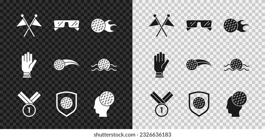 Set Golf flag, Glasses, ball, Medal golf, with shield, glove and  icon. Vector