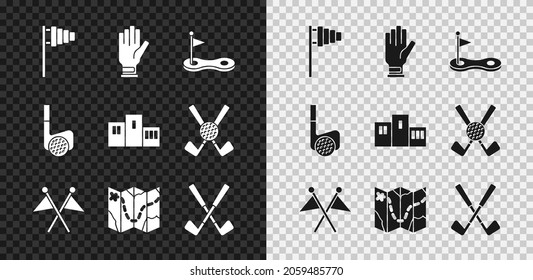 Set Golf Flag, Glove, Hole With, Course Layout, Crossed Golf Club, Ball And Award Over Sports Winner Podium Icon. Vector