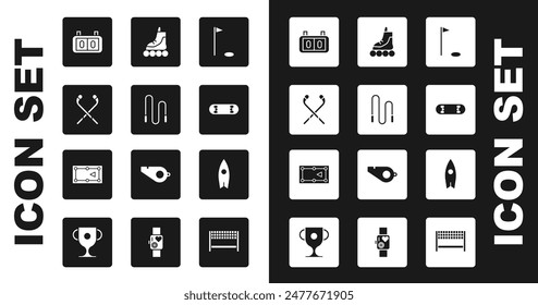 Set Golf flag, Jump rope, Ice hockey sticks, Sport mechanical scoreboard, Skateboard trick, Roller skate, Surfboard and Billiard table icon. Vector