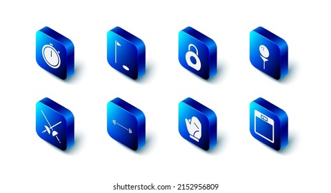 Set Golf flag, Kettlebell, ball on tee, Bathroom scales, Baseball glove, Barbell, Fencing and Stopwatch icon. Vector