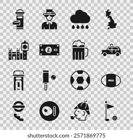 Set Golf flag, Rugby ball, Taxi car, Cloud with rain, Pound sterling money, Big Ben tower, London mail box and Wooden beer mug icon. Vector