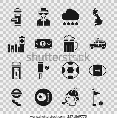 Set Golf flag, Rugby ball, Taxi car, Cloud with rain, Pound sterling money, Big Ben tower, London mail box and Wooden beer mug icon. Vector