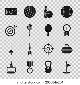 Set Golf flag, Stone for curling sport game, Medal, Bowling pin and ball, Tennis racket, Target with arrow, Football soccer field and Racket playing table tennis icon. Vector