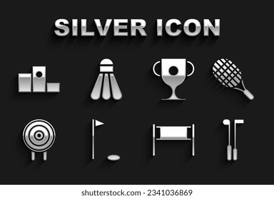 Set Golf flag, Tennis racket, club, Volleyball net, Target sport, Award cup, over sports winner podium and Badminton shuttlecock icon. Vector