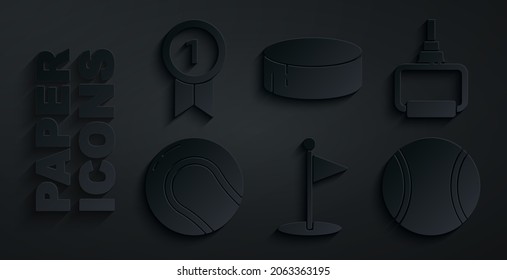 Set Golf flag, TPX loop training equipment, Baseball ball, Tennis, Hockey puck and Medal icon. Vector