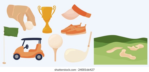 set of golf game elements. Vector stock illustration. Golf course, ball, hole, glove, putter. Isolated on a white background. Sport