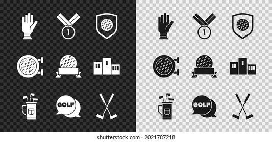Set Golf glove, Medal golf, ball with shield, bag clubs, label, Crossed, sport and  icon. Vector