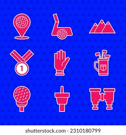 Set Golf glove, tee, Binoculars, bag with clubs, ball on, Medal golf, Mountains and Location sport icon. Vector