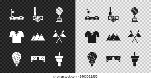 Set Golf hole with flag, club ball, Award cup golf, on tee, Glasses, shirt and Mountains icon. Vector