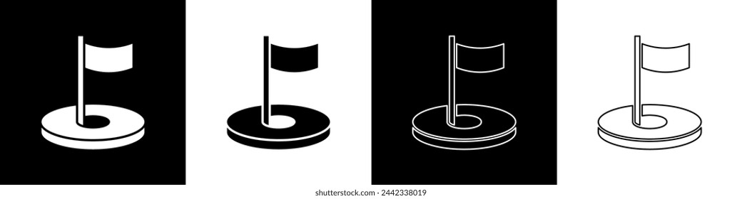 Set Golf hole with flag icon isolated on black and white background.  Vector