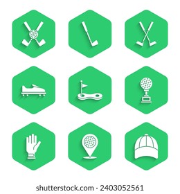 Set Golf hole with flag, Location golf sport club, Baseball cap, Award cup, glove, shoe, Crossed and  icon. Vector