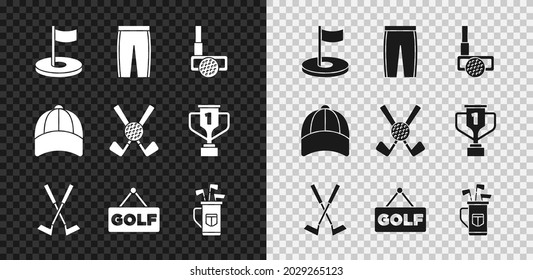 Set Golf hole with flag, pants, club ball, Crossed golf, label, bag clubs, Baseball cap and  icon. Vector
