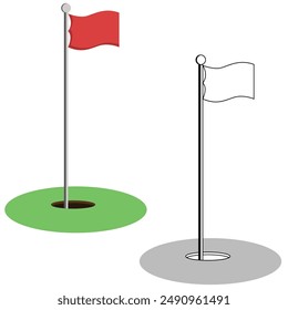 Set of golf hole with red flag vector illustration .Simple green field and flying golf flag vector