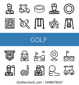 Set of golf icons such as Judo, Sport, Golf cart, Billiard, Puck, Swing, Athlete, Golf, Golfer, stick, ball, Birdie ,