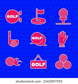 Set Golf label, ball, glove, club with, on tee and sport icon. Vector