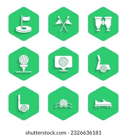 Establezca la etiqueta Golf, bola en agua, zapato, club con, en el tee, Binoculares y el icono de la bandera del agujero. Vector