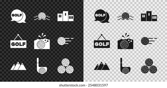 Set Golf label, ball in water, Award over sports winner podium, Mountains, club with,  and  icon. Vector
