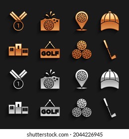 Set Golf label, Baseball cap, club, Award over sports winner podium, Location golf, Medal and water icon. Vector